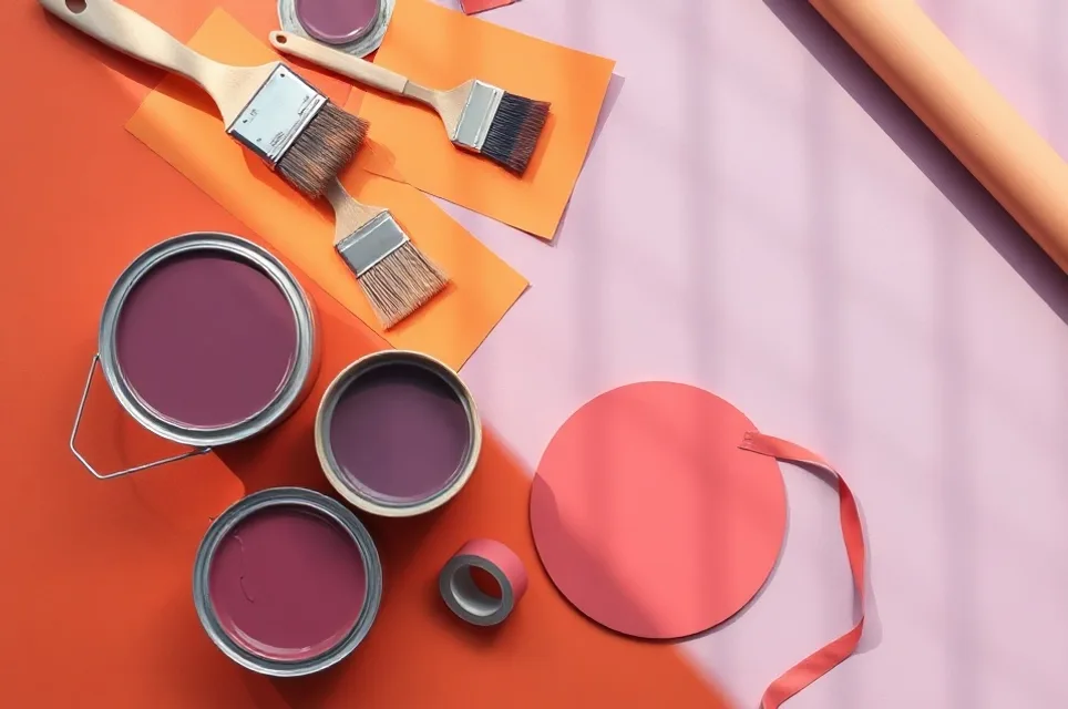 Pots de peinture, nuancier, brosses et rouleaux disposés à plat