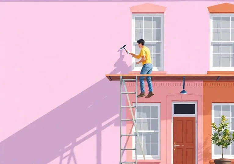 Peintre sur échafaudage traitant la façade d'une maison